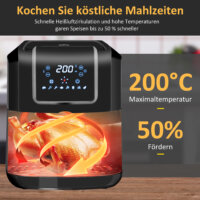 Eine Heissluftfritteuse und Airfryer mit 6,5 Litern Fassungsvermögen, 1700W Leistung und LED-Display.