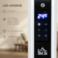 Ein weisser Heizlüfter und Heizgerät mit 2180W Leistung, LED-Licht und Timer.