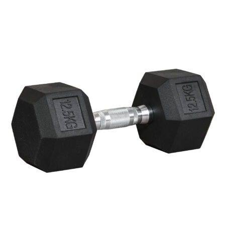 Schwarze Hexagon Kurzhantel 125kg aus Gusseisen mit Gummiüberzug, rutschfest und bodenschonend für Krafttraining.