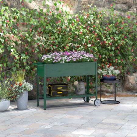 Hochbeet 109x44x80 cm aus Metall mit Rädern, Farbe Grün.