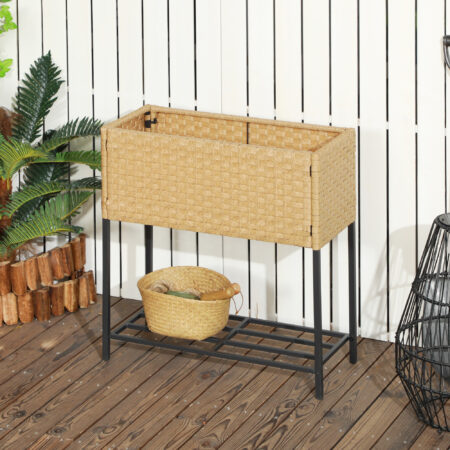 Hochbeet 70x30x72 cm mit Ablage aus Poly-Rattan, ideal für Garten, Farbe Sandfarben.