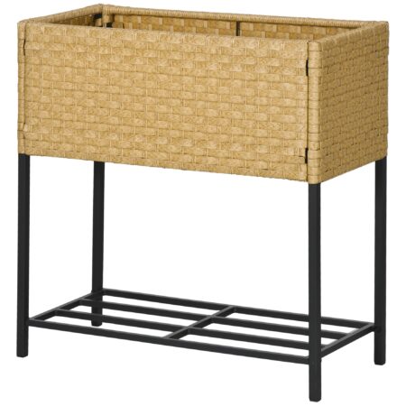 Hochbeet 70x30x72 cm mit Ablage aus Poly-Rattan, ideal für Garten, Farbe Sandfarben.