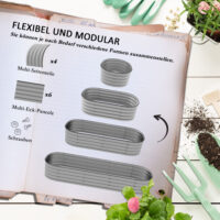 Hochbeet aus Metall mit offenem Boden, 195x62x30 cm, Farbe Silber.