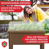 Braunes Hochbeet aus Kunststoff mit Schutzabdeckung.