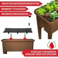 Braunes Hochbeet aus Kunststoff mit Schutzabdeckung.