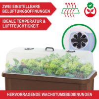 Braunes Hochbeet aus Kunststoff mit Schutzabdeckung.