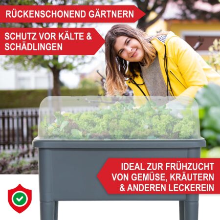 Wetterfestes Kunststoff-Hochbeet mit Lüftungssystem in Grau.