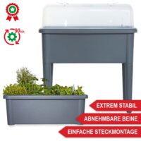 Wetterfestes Kunststoff-Hochbeet mit Lüftungssystem in Grau.