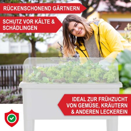 Weißes Kunststoff-Hochbeet mit praktischer Belüftung und Abdeckhaube.