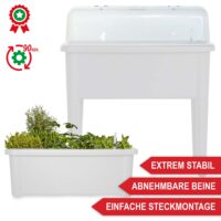 Weißes Kunststoff-Hochbeet mit praktischer Belüftung und Abdeckhaube.