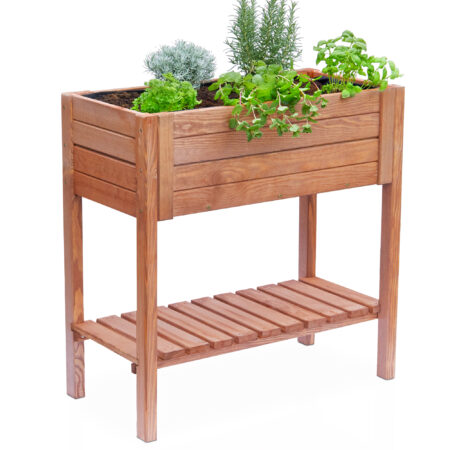 Wetterfestes Holzhochbeet in Größe L mit Ablagefläche.