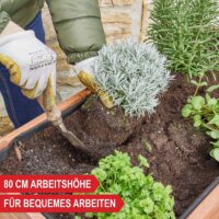 Wetterfestes Holzhochbeet in Größe L mit Ablagefläche.