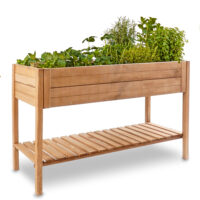Großes Hochbeet mit zusätzlicher Ablage, wetterfest und aus nachhaltigem Holz.