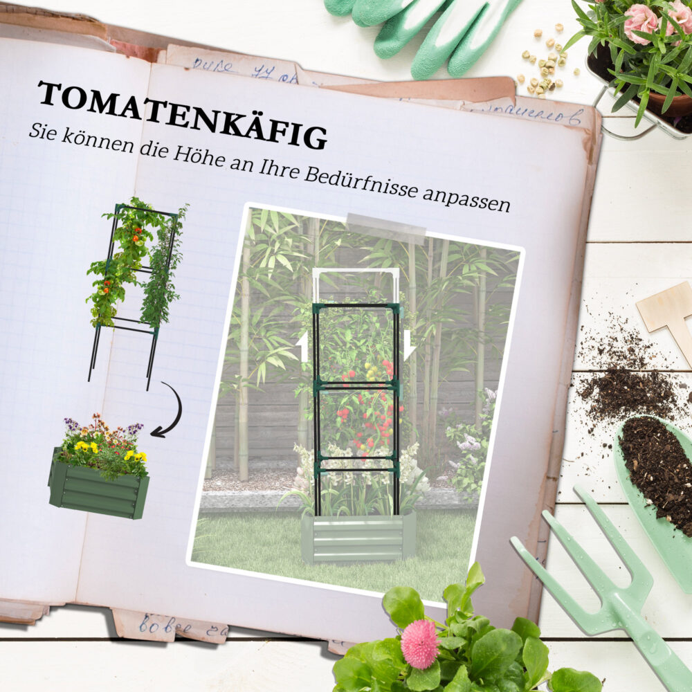 Hochbeet mit Rankhilfe, Blumenkasten aus verzinktem Stahl, Farbe Grün.