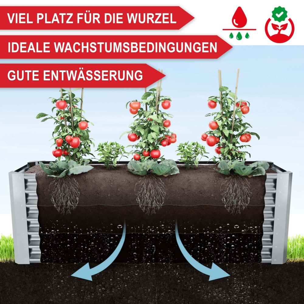Extra großes Hochbeet aus Stahl für optimale Pflanzmöglichkeiten.