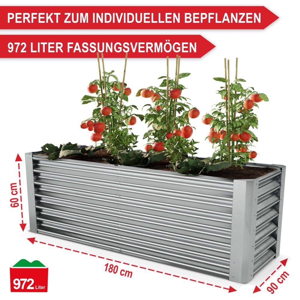 Extra großes Hochbeet aus Stahl für optimale Pflanzmöglichkeiten.