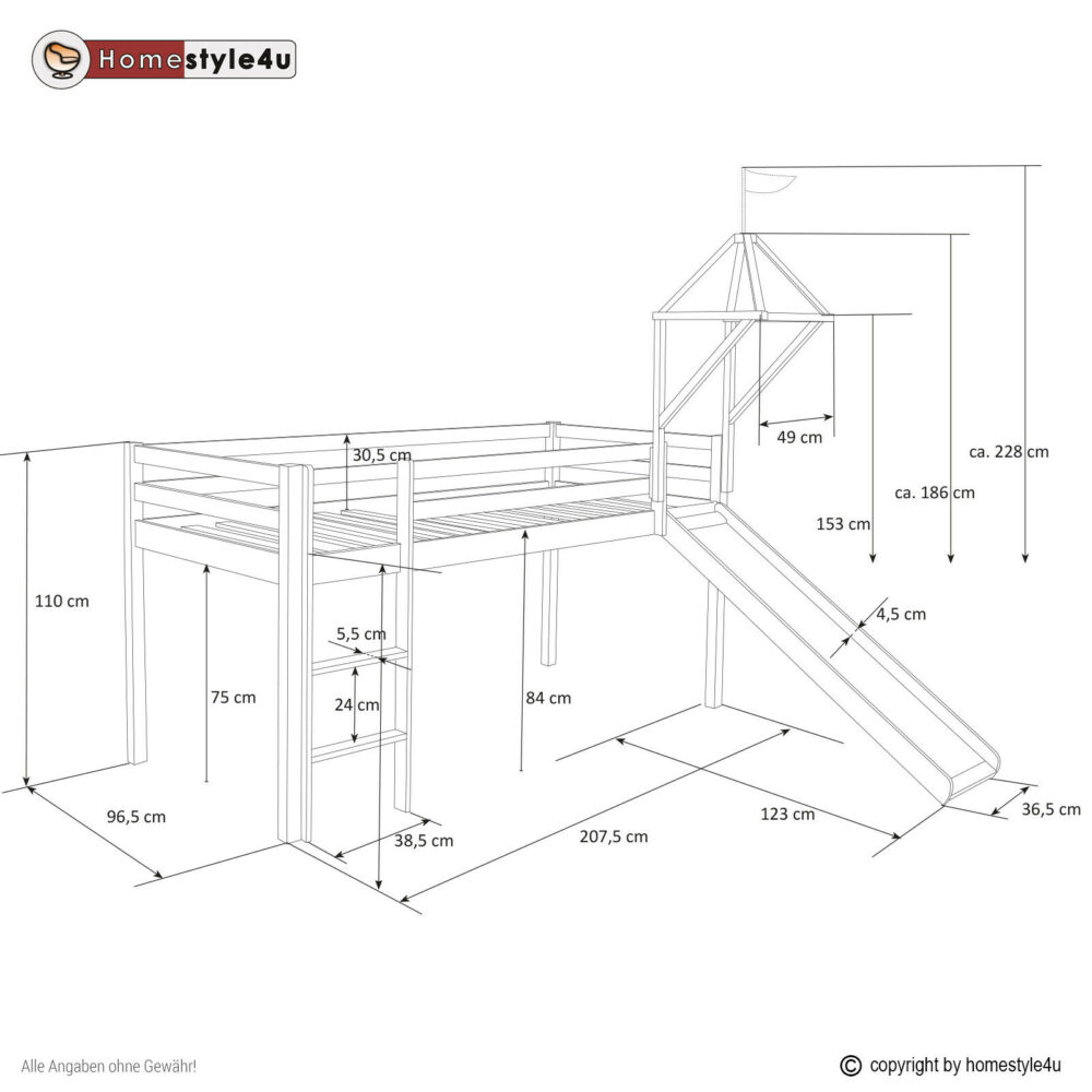 Hochbett Kinderbett 90x200cm aus Holz Weiss-Blau