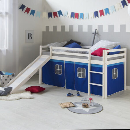 Hochbett Kinderbett 90x200cm aus Holz Weiss-Blau