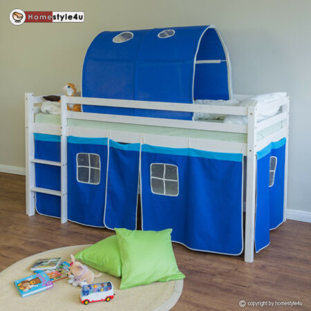 Hochbett Kinderbett 90x200cm aus Holz Weiss-Blau