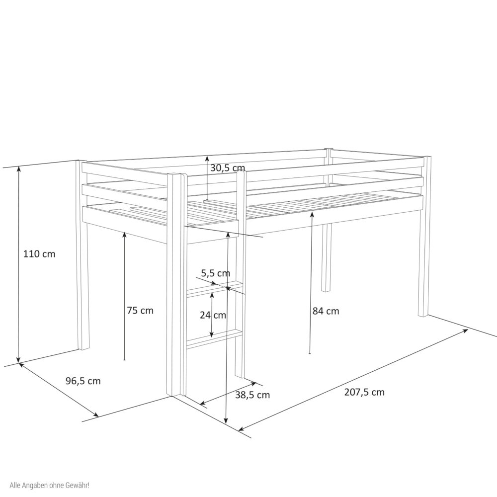 Hochbett Kinderbett 90x200cm aus Holz Weiss-Blau