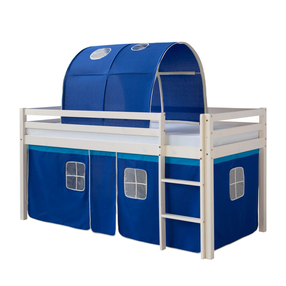 Hochbett Kinderbett 90x200cm aus Holz Weiss-Blau