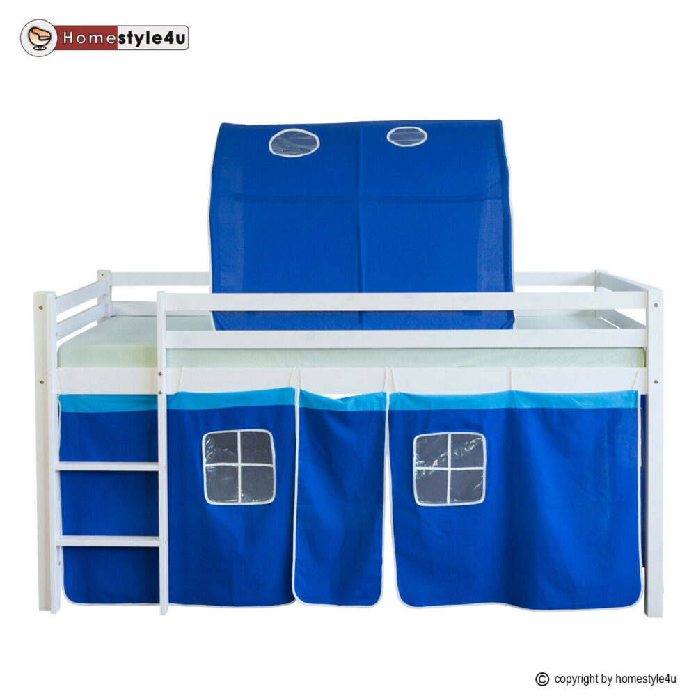 Hochbett Kinderbett 90x200cm aus Holz Weiss-Blau