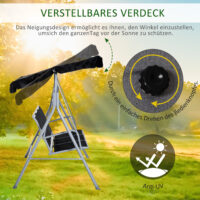 Hollywoodschaukel 3-Sitzer mit verstellbarem Sonnendach für Garten