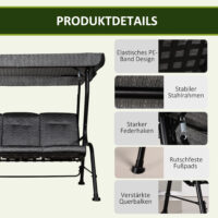 Hollywoodschaukel 3-Sitzer mit verstellbarem Sonnendach für Garten