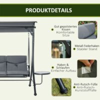 Hollywoodschaukel Gartenschaukel 3-Sitzer mit Sonnendach und Tisch