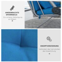 Blaue Hollywoodschaukel mit bequemen Auflagen.