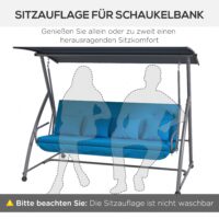 Blaue Hollywoodschaukel mit bequemen Auflagen.