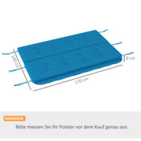 Blaue Hollywoodschaukel mit bequemen Auflagen.
