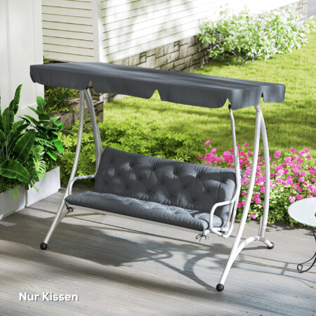 Dunkelgraue Hollywoodschaukel mit bequemen Kissen.