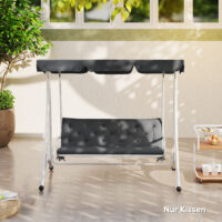 Dunkelgraue Hollywoodschaukel mit bequemen Kissen.