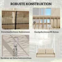 Hollywoodschaukel Gartenschaukel 2-Sitzer Rattan mit Kissen beige