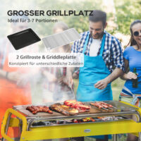 Holzkohlegrill klappbar mit 2 Grillrosten aus Edelstahl, Farbe Gelb.