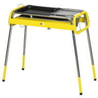 Holzkohlegrill klappbar mit 2 Grillrosten aus Edelstahl, Farbe Gelb.