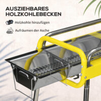Holzkohlegrill klappbar mit 2 Grillrosten aus Edelstahl, Farbe Gelb.