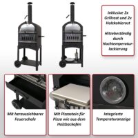 Holzkohlegrill schwarz mit integriertem Pizzaofen Grillrost und Pizzastein