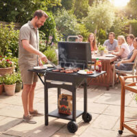 Holzkohlegrill Smoker mit Deckel Seitentischen Thermometer und Rädern