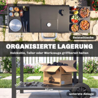 Holzkohlegrill Smoker mit Deckel Seitentischen Thermometer und Rädern