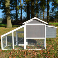 Großer Hühnerstall mit Nistkästen und Auslaufbereich für mehrere Hühner.