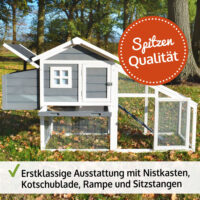 Großer Hühnerstall mit Nistkästen und Auslaufbereich für mehrere Hühner.