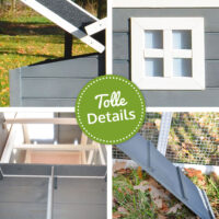 Großer Hühnerstall mit Nistkästen und Auslaufbereich für mehrere Hühner.