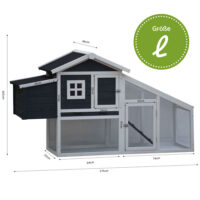 Großer Hühnerstall mit Nistkästen und Auslaufbereich für mehrere Hühner.