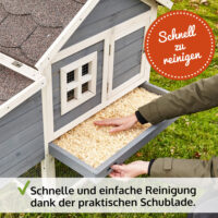 Wetterfester Hühnerstall mit integrierten Legenestern und Sitzstangen.