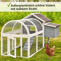 Wetterfester Hühnerstall mit integrierten Legenestern und Sitzstangen.