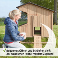 Massiver Hühnerstall mit Stalltür und Freilaufbereich für artgerechte Haltung.