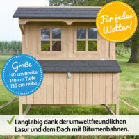 Massiver Hühnerstall mit Stalltür und Freilaufbereich für artgerechte Haltung.