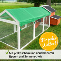 Großer roter Hühnerstall mit großzügigem Auslaufbereich.